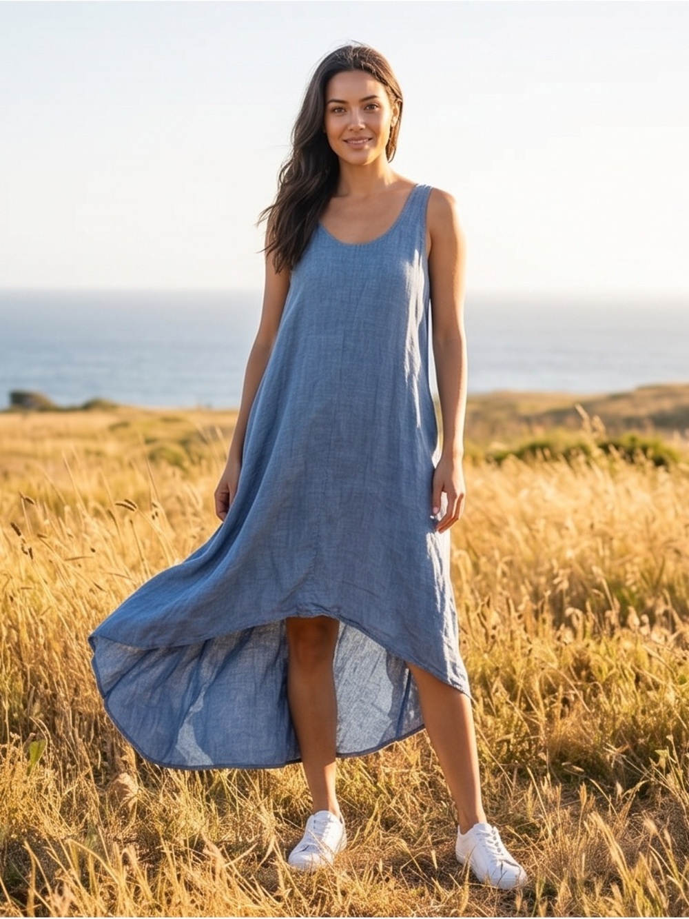 Premise Sleeveless Blue High-Low Linen Dress - Picture 2 of 9